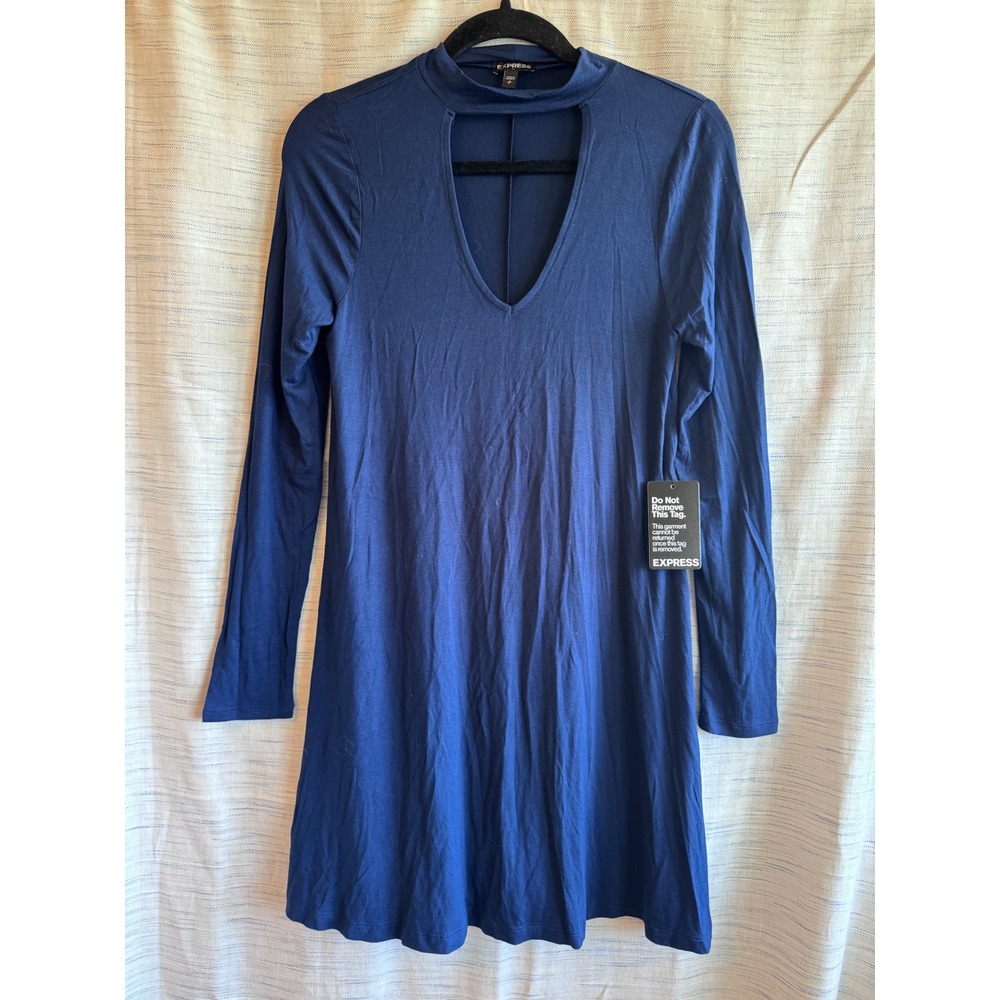Express Navy Blue Choker Neck V-Cutout Long Sleeve Mini Dress Small NWT